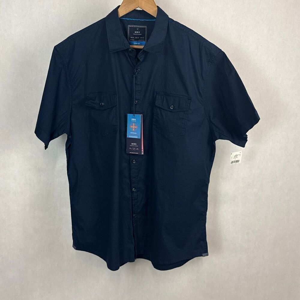NEW MBX Premium Goods Button Front Shirt Sz XL Luxe Stretch Navy Blue Short Slee